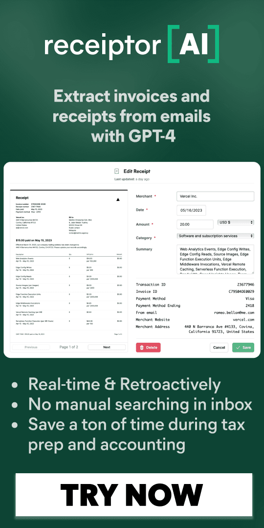 Receiptor AI - Extract receipts and invoices from emails with AI